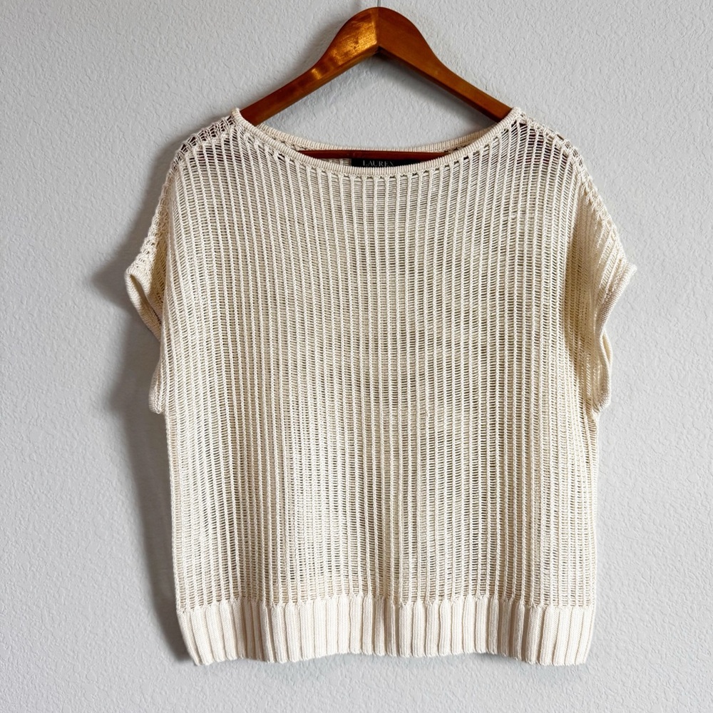 Lauren Ralph Lauren Wonen's Cream Quimlee Open Knit Short Sleeve Pullover M